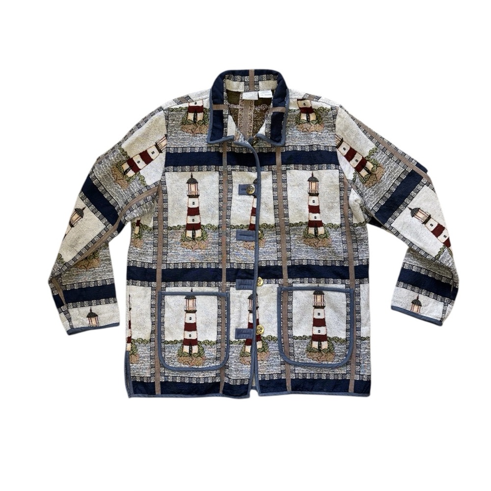 Vintage 90s Lighthouse Tapestry Jacket Coastal Grandma Nautical Cottagecore L